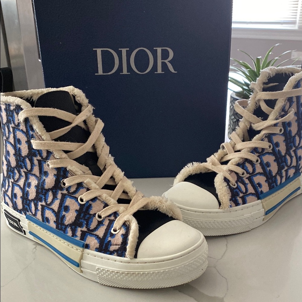 Dior High-Top Sneakers with Blue and Beige Pattern